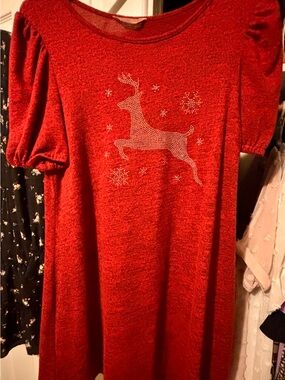 SJS Red Mini Dress with Rhinestone Reindeer